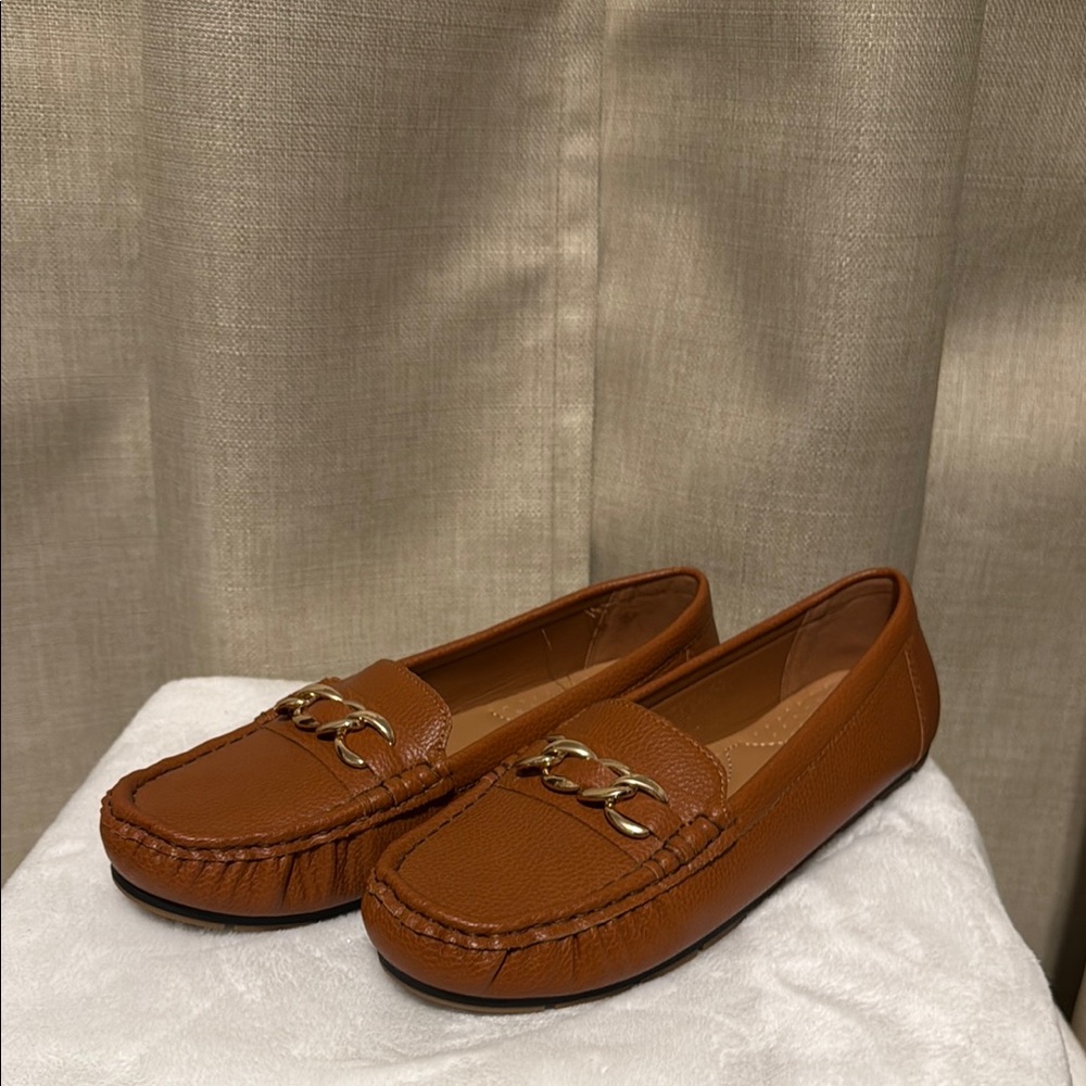 Women's Brown Loafers with Gold Chain Detail